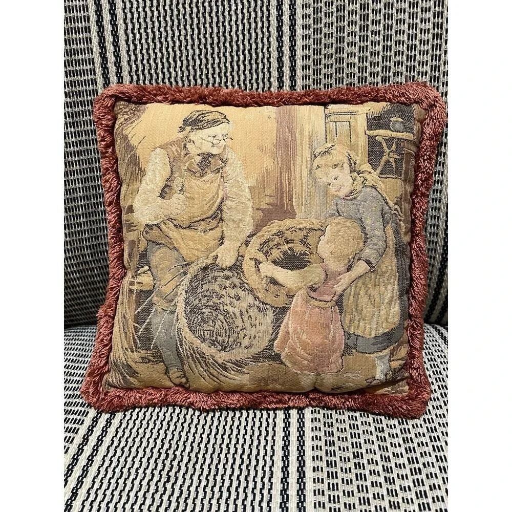 Antique FRENCH TAPESTRY w/ LITTLE GIRL TAKING BROKEN BASKET to the BASKET MAKER